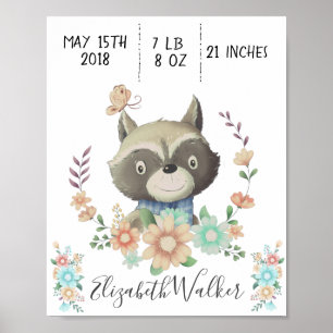 Poster ami de forêt bébé racoon statistiques de naissance