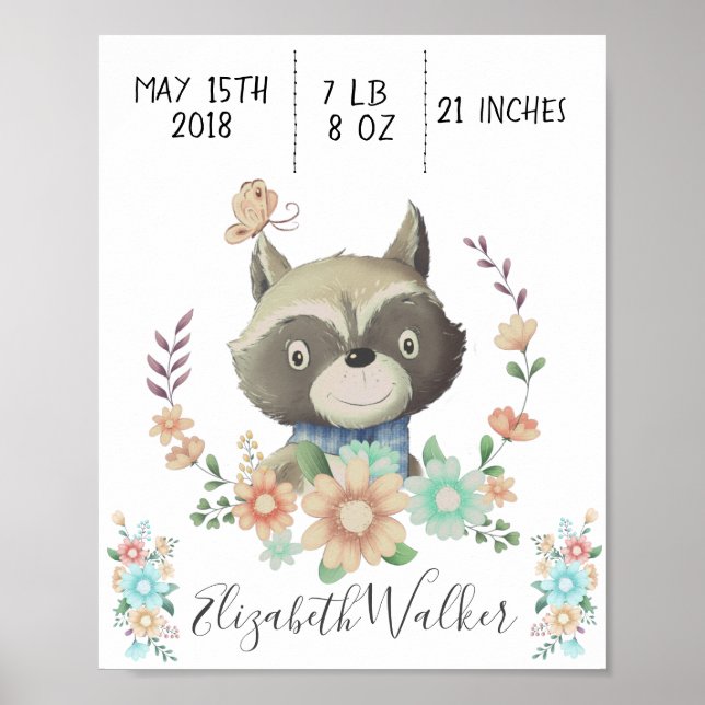 Poster ami de forêt bébé racoon statistiques de naissance (Devant)