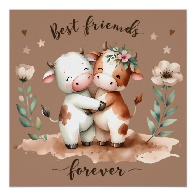 Poster Amis Câlins de Vache Mignonne Art Floral (Devant)