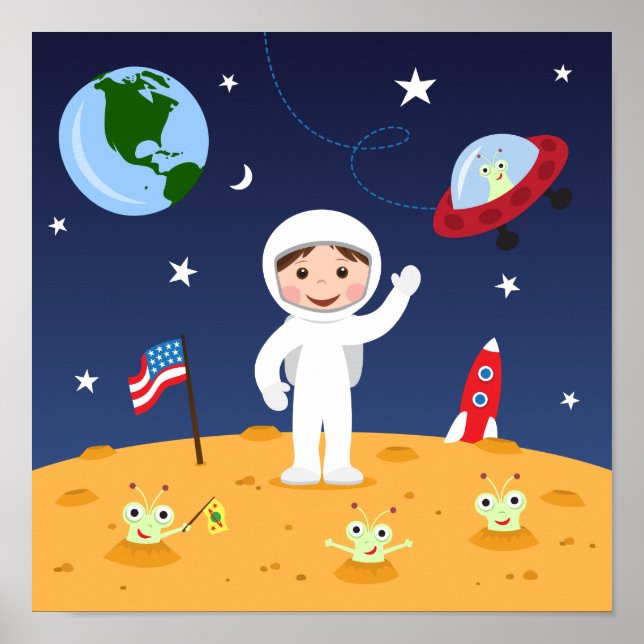 Poster Amis dans l'espace, mignons enfants dessin animé m (Devant)