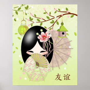 Poster Amitié, mélanges de vert de poupée de Kokeshi au