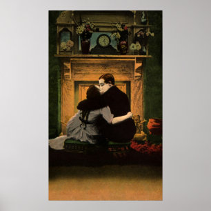 Poster Amour et romance vintage, baiser au feu romantique