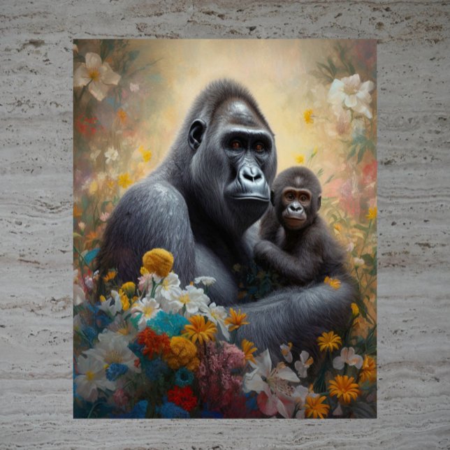 Poster Amour Maternel - Image de Gorille Mère en Aquarell (Créateur téléchargé)