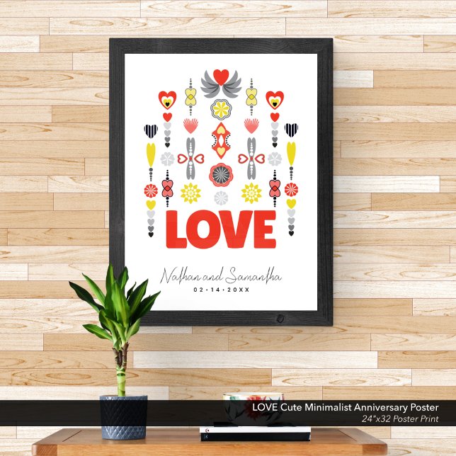 Poster AMOUR Minuscule Anniversaire (LOVE - Cute Minimalist Poster with Hearts & Flowers: Customized with Your Names & Anniversary Date.)