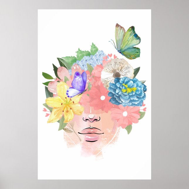Poster Amour, papillons et fleurs (Devant)