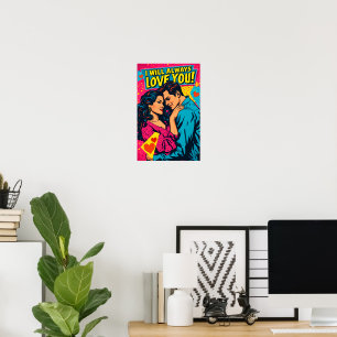 Poster Amour romantique Pop Art Bleu Magenta Jaune