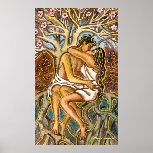 Poster Amoureux s'embrassant sous un arbre en fleurs (Devant)