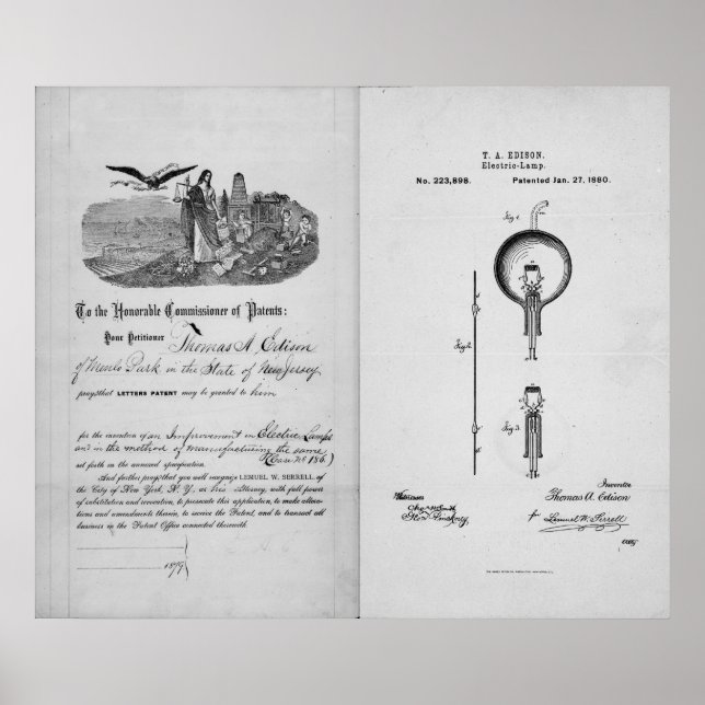 Poster Ampoule incandescente par Thomas Edison Patent (Devant)