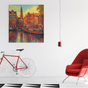Poster Amsterdam canal maisons de style van Gogh