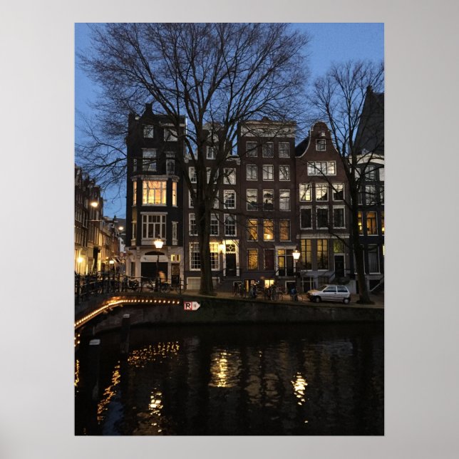 Poster Amsterdam Canal Soirée Photo Lumineuse (Devant)