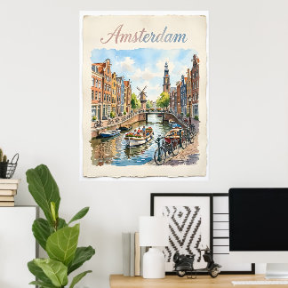 Poster Amsterdam Pays-Bas aquarelle