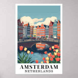 Poster Amsterdam Pays-Bas Art de voyage à vélo Vintage