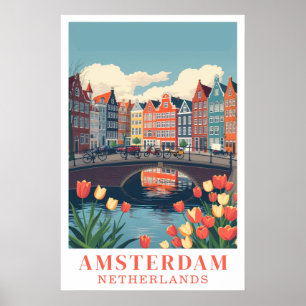 Poster Amsterdam Pays-Bas Vélos de voyage vintage Art