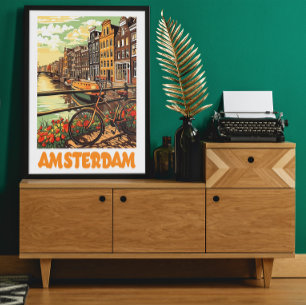 Poster Amsterdam vintage coloré Pays-Bas Ville de canal