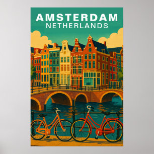 Poster Amsterdam vintage Pays-Bas Canaux & Bicyclette