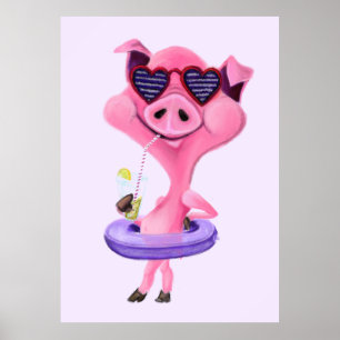 Poster amusant avec Cochon de fête heureux - Peint