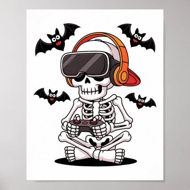 Poster Amusant Joueur Squelette Avec Casque Vr Halloween  (Devant)