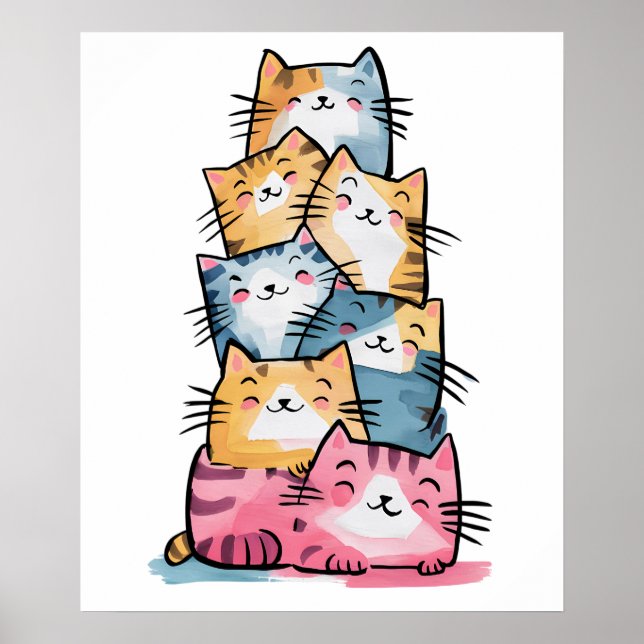 Poster Amusant Office Chat Aquarelle Mur Art (Devant)