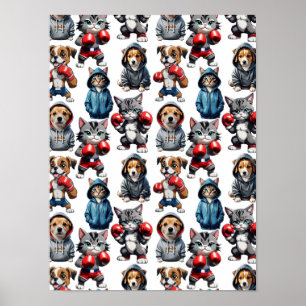 Poster Amusante Boxe Chat Chien Motif Design