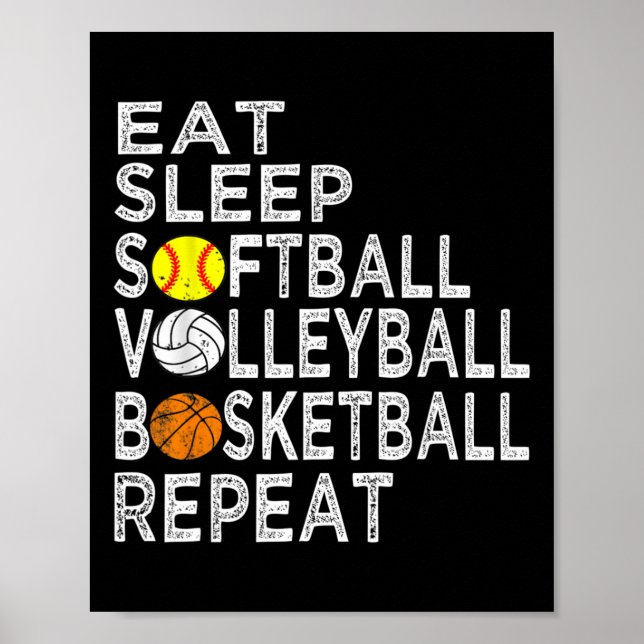 Poster Amusants Mangez Sleep Softball Volleyball Basketba (Devant)