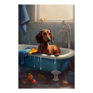 Poster Amusement du dachshund au bain 