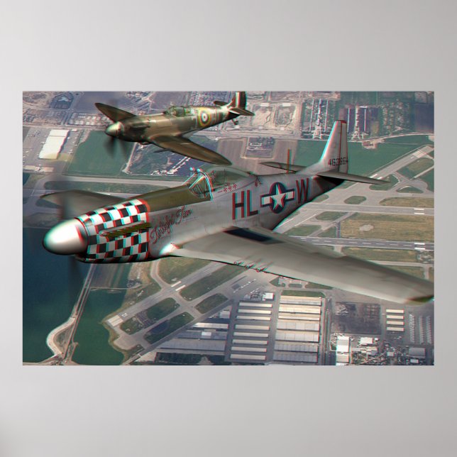 Poster Anaglyphe 3D de P51 sur Spitfire sur Airfield (Devant)