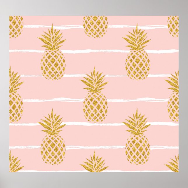 Poster Ananas en or, Arrière - plan d'été rayé. (Devant)