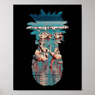 Poster Ananas Et Flamant rose Design Plage Vintage Été
