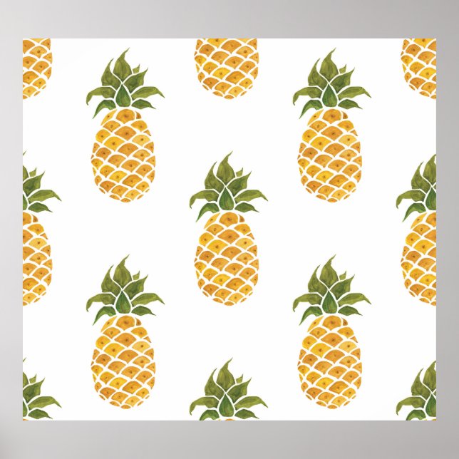 Poster Ananas peint à la main, arrière - plan aquarelle. (Devant)