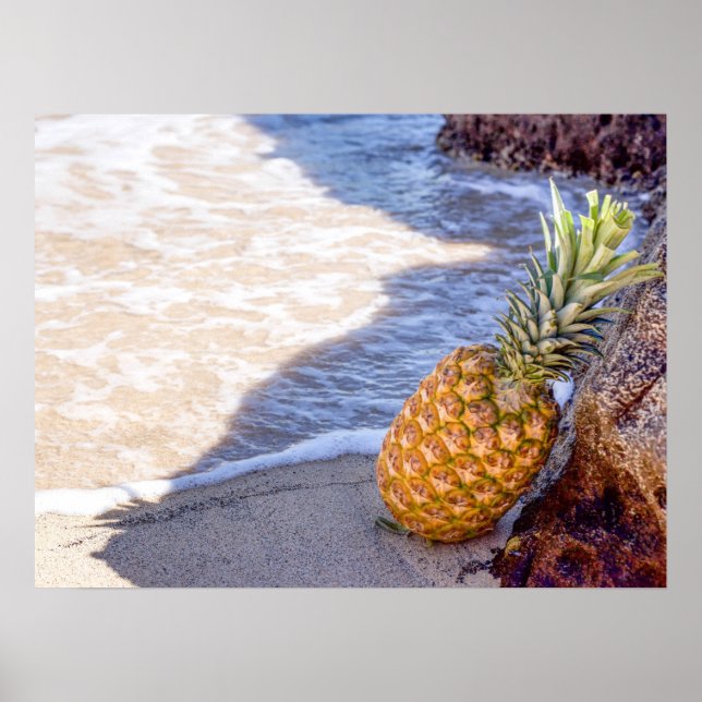 Poster Ananas penché sur les rochers à la plage (Devant)