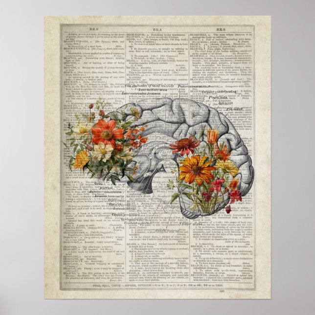 Poster Anatomie Cerveau Floral Dictionnaire Art Collage (Devant)