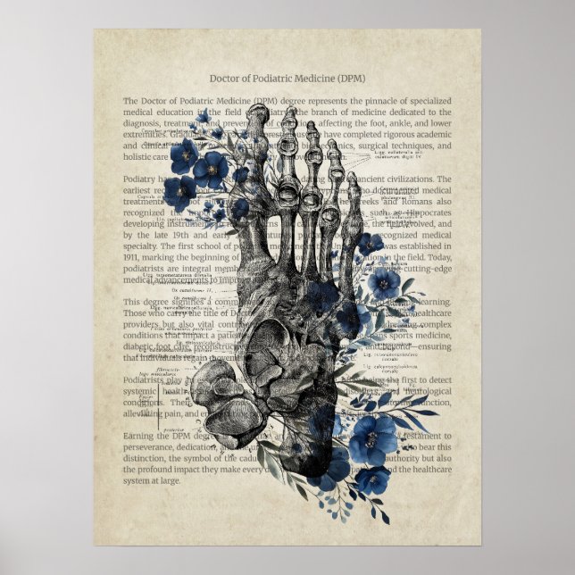 Poster Anatomie des pieds avec Florales Bleues (Devant)