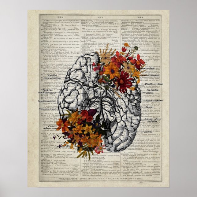 Poster Anatomie du cerveau humain avec fleurs (Devant)