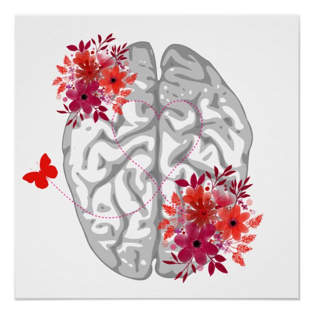 Poster Anatomie Du Cerveau Humain Avec Fleurs Rouges (Devant)