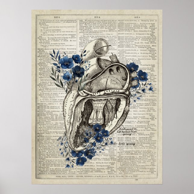 Poster Anatomie du coeur avec des fleurs Dictionnaire Art (Devant)