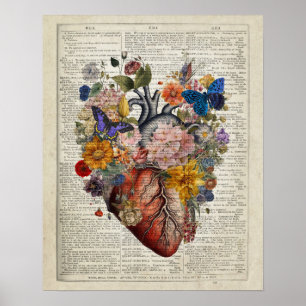 Poster Anatomie du coeur humain avec fleurs et papillons