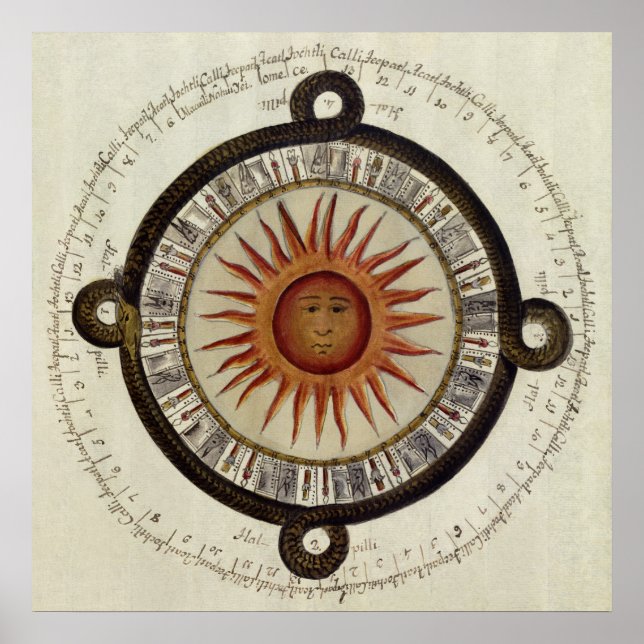Poster Ancien Aztec Calendrier Sun Mexique Dessin (Devant)