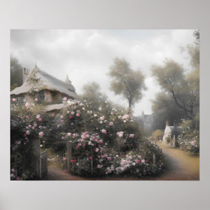 Poster Ancien gîte rose jardin anglais - Art vintage