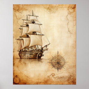 Poster Ancien navire et Windrose Compass Antique Carte