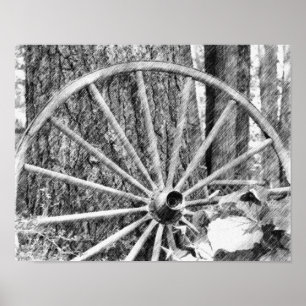 Poster Ancien Wagon Roue Noir Crayon Art