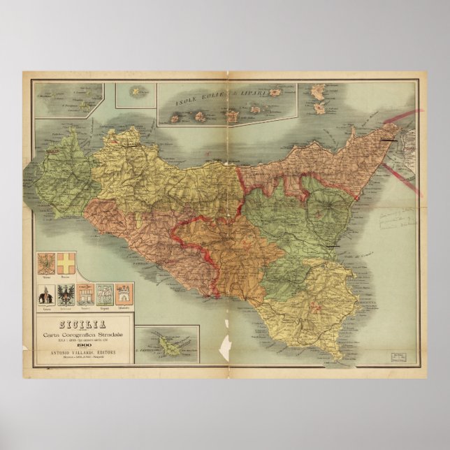 Poster Ancienne carte de la Sicile de 1900 (Sicilia carta (Devant)