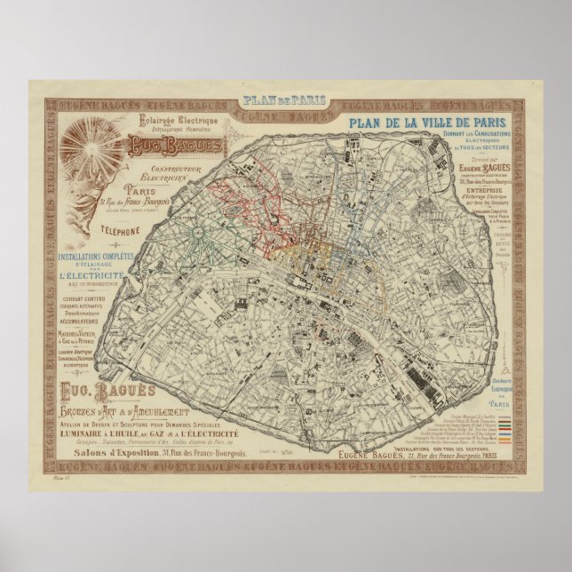 Poster Ancienne carte de Paris France (1895) (Devant)
