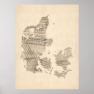 Poster Ancienne feuille de musique Carte du Danemark