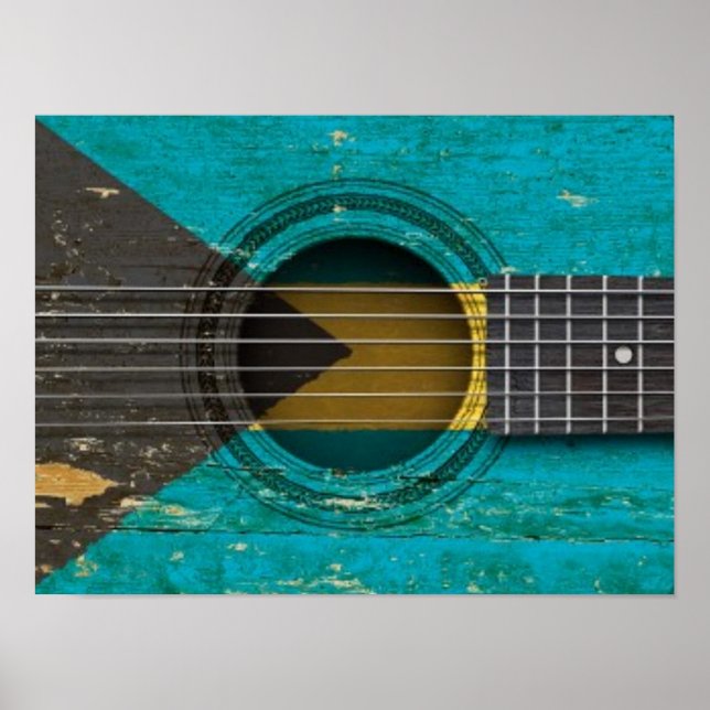 Poster Ancienne guitare acoustique avec drapeau des Baham (Devant)