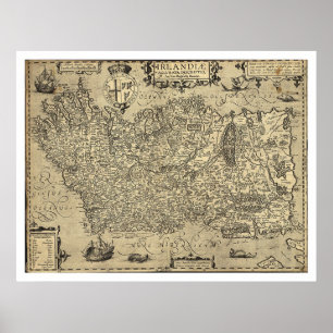 Poster Ancienne Irlande Carte Ortelius Dessinée Par Baozi
