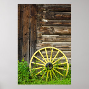 Poster Ancienne roue de wagon dans la vieille ville histo