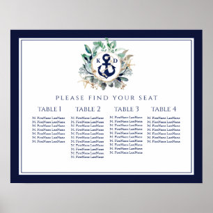 Poster Ancre de couronne Monogramme Marine Mariage Carte