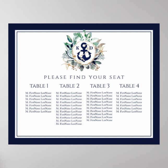 Poster Ancre de couronne Monogramme Marine Mariage Carte  (Devant)