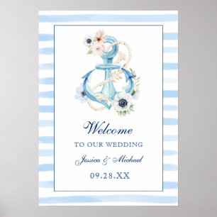 Poster Ancre Florale Bleu Stripes Plage Mariage Bienvenue