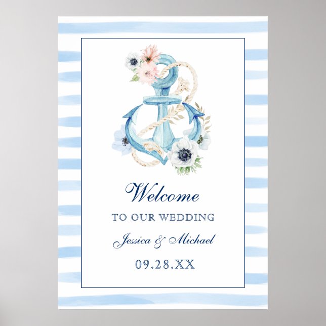 Poster Ancre Florale Bleu Stripes Plage Mariage Bienvenue (Devant)